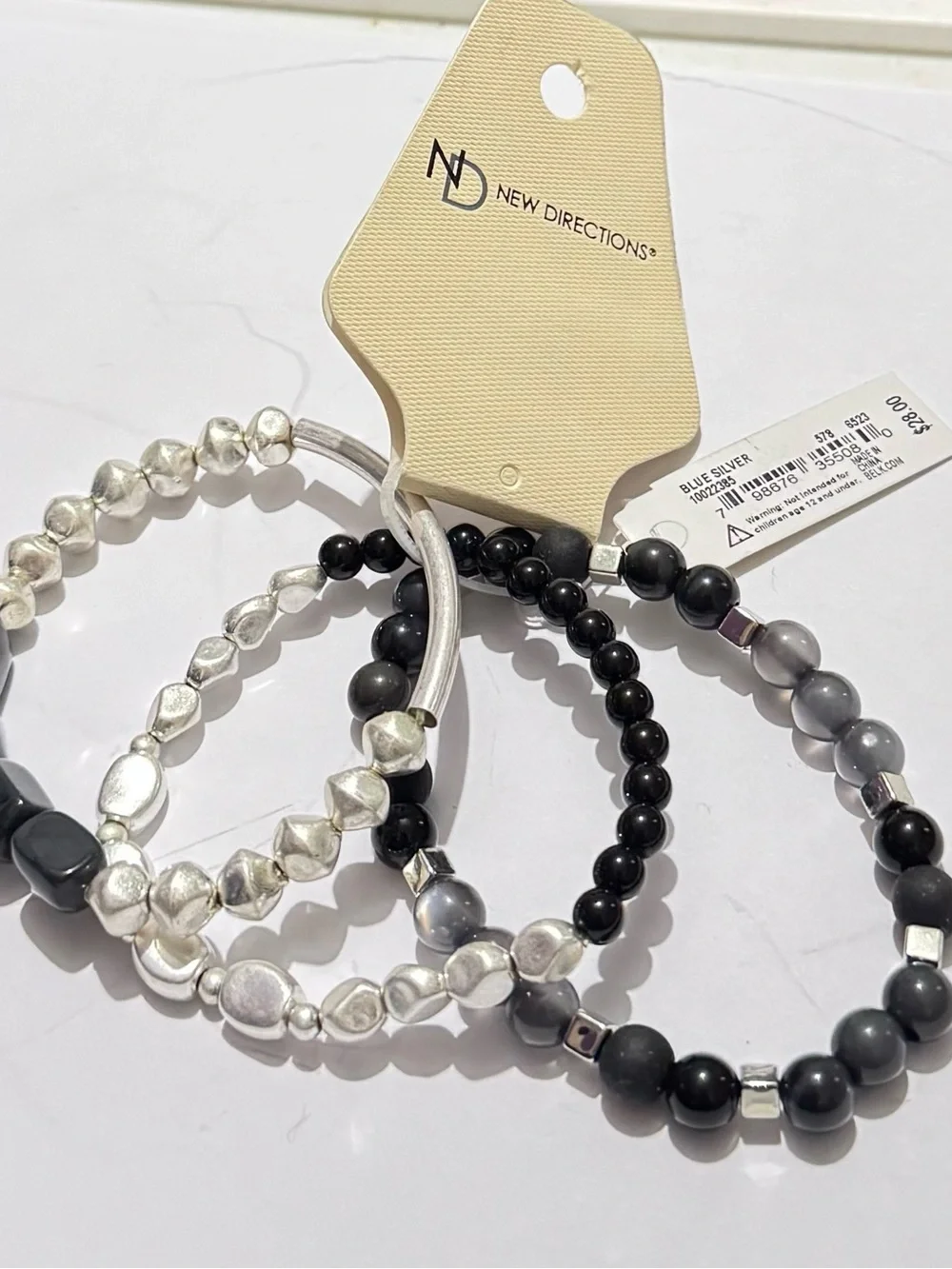 New Directions 3 piece Stacked Silver & Black Beaded Bracelet Set